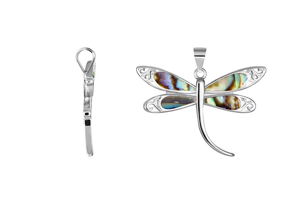 [18445PRABRD] Sterling silver blue opal and abalone dragonfly pendant_ (Semiprecious stone, Abalone)